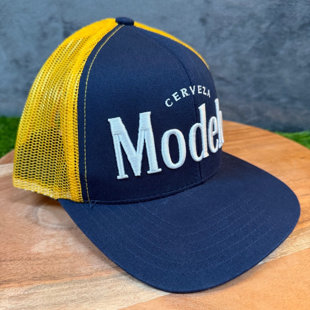 Cerveza Modelo Trucker Hat Navy Blue Yellow Mesh Snapback Cap Embroidered Logo